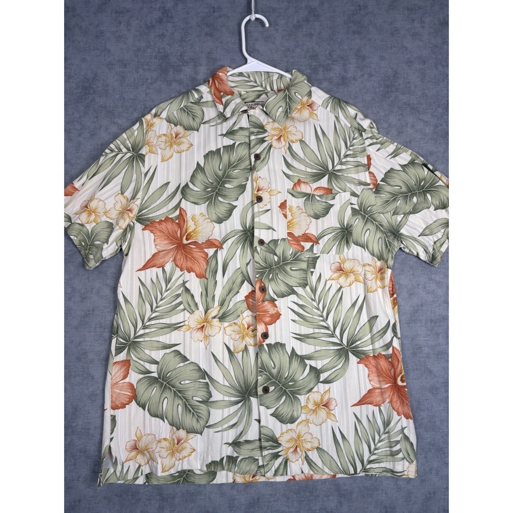 Caribbean Joe Let Go Hawaiian Shirt Mens Small Rayon Floral Tropical Aloha Camp